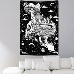Hand Holding Skull Black White Mushroom Moon Dark Fantasy Goth Big Wall Tapestry